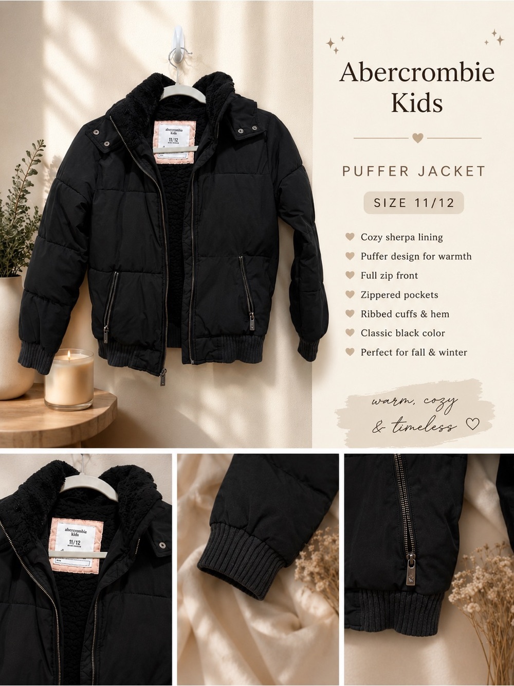 Abercrombie Kids Black Puffer Jacket Girls Size 11/12